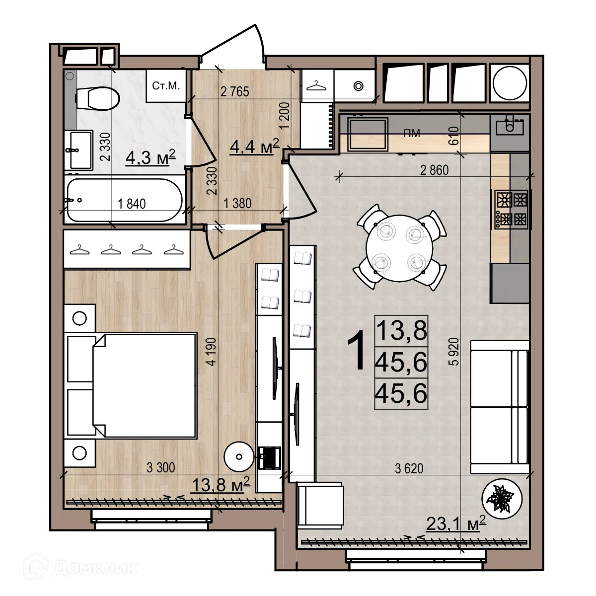 Планировка 1-комнатной квартиры 45.6 м² в ЖК Еврокласс-5, г. Рязань — фото 2