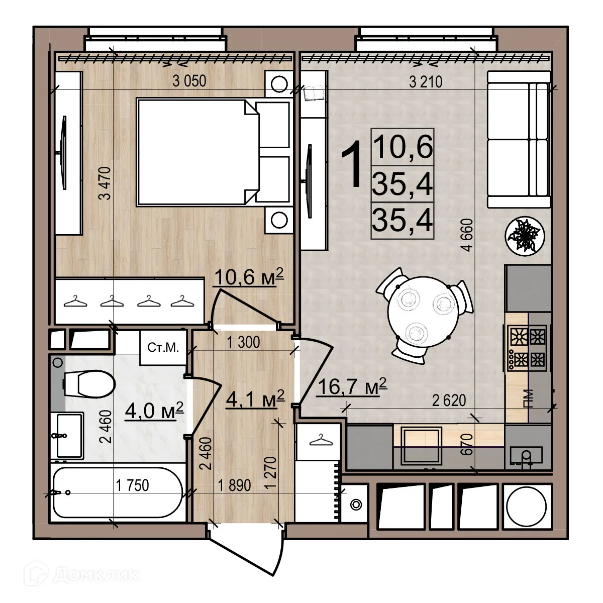 Планировка 1-комнатной квартиры 35.4 м² в ЖК Еврокласс-5, г. Рязань — фото 1
