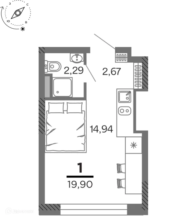 Планировка 1 комн. в ЖК город Рязань, Улица Зубковой