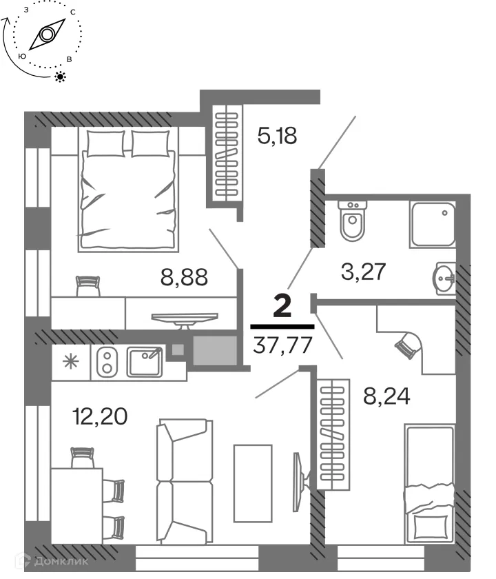 Планировка 2-комнатной квартиры 37.77 м² в ЖК город Рязань, Улица Зубковой, г. Рязань — фото 1