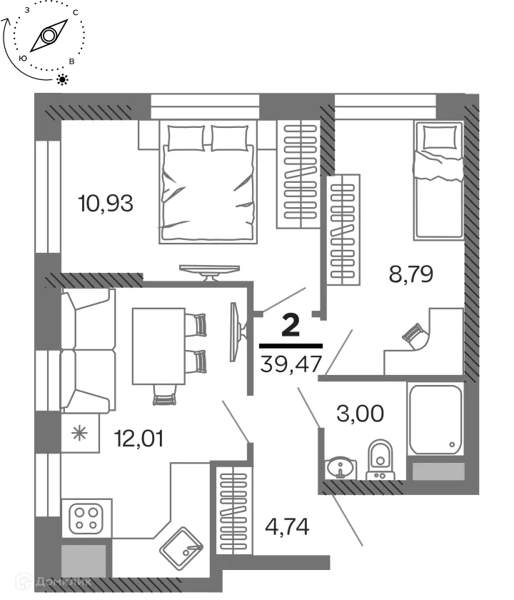 Планировка 2-комнатной квартиры 39.47 м² в ЖК город Рязань, Улица Зубковой, г. Рязань — фото 1