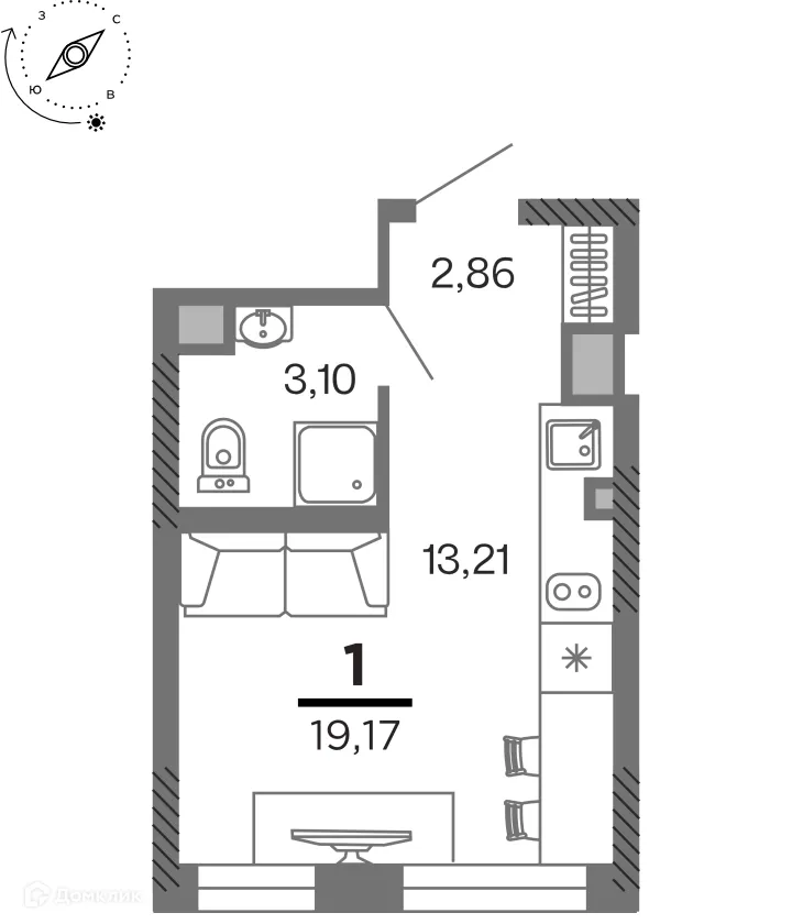 Планировка 1-комнатной квартиры 19.17 м² в ЖК город Рязань, Улица Зубковой, г. Рязань — фото 1