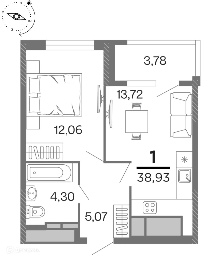 Планировка 1-комнатной квартиры 38.93 м² в ЖК "Бирюзова Парк", г. Рязань — фото 8