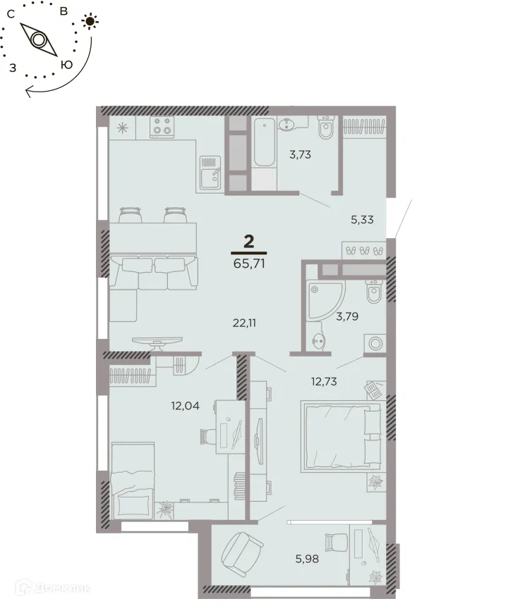 Планировка 2-комнатной квартиры 65.71 м² в ЖК Дом по Московское шоссе, г. Рязань — фото 1