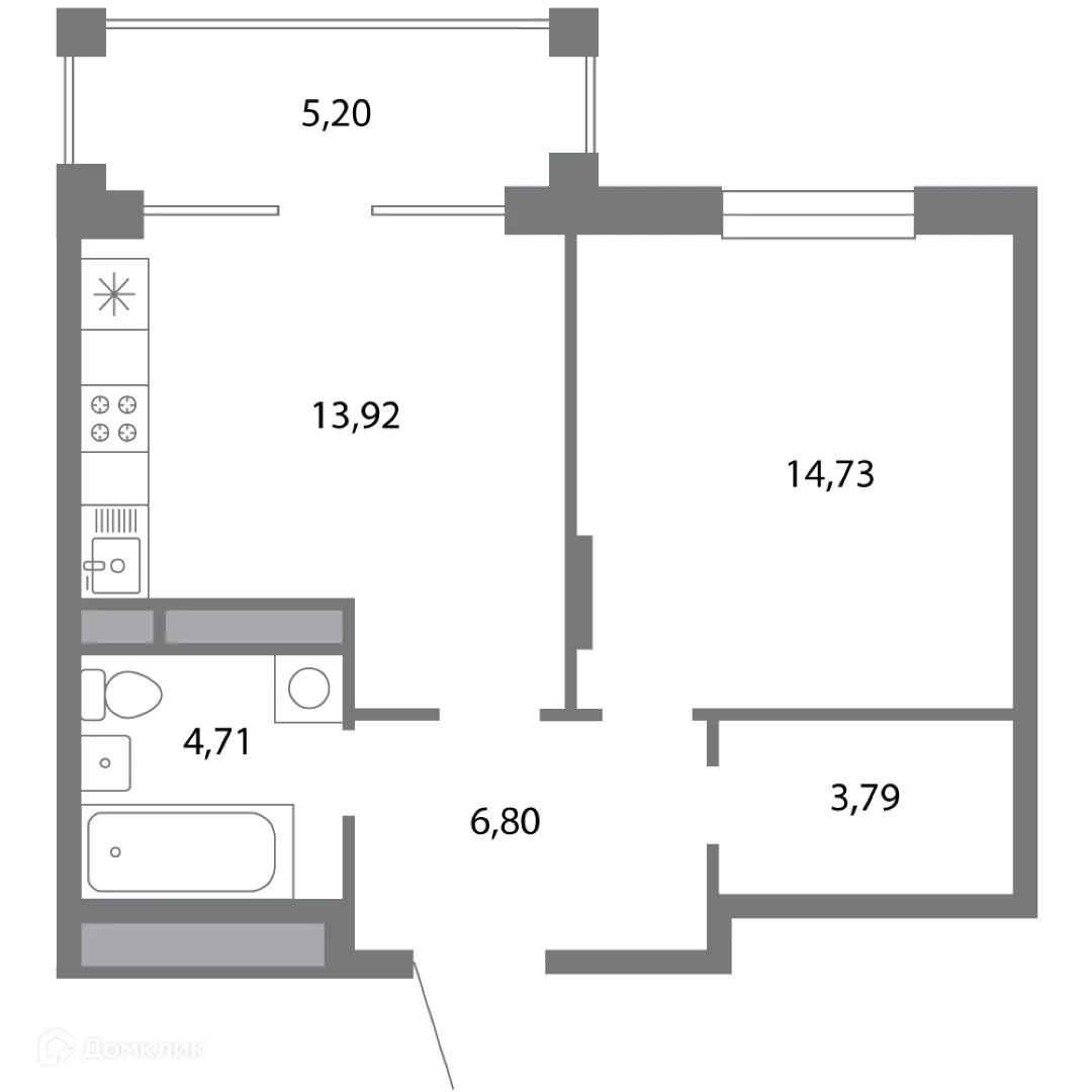 Планировка 1-комнатной квартиры 46.55 м² в ЖК Солотчинский квартал, г. Рязань — фото 2