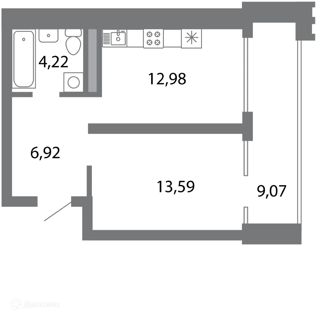 Планировка 1-комнатной квартиры 42.24 м² в ЖК Солотчинский квартал, г. Рязань — фото 1