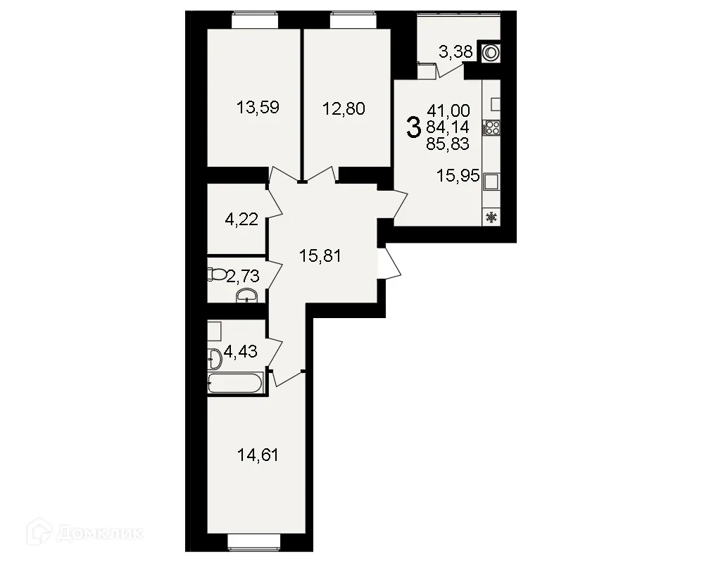 Планировка 3-комнатной квартиры 85.83 м² в ЖК Видный, г. Рязань — фото 2