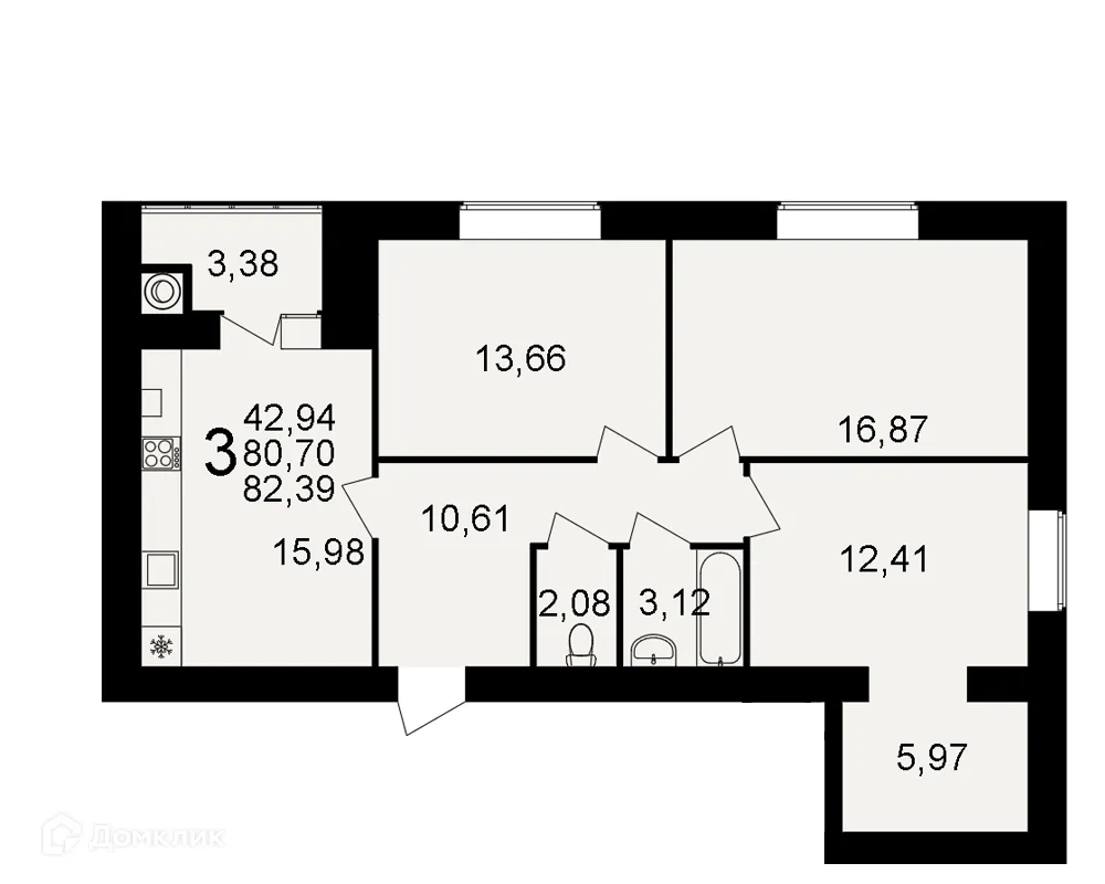 Планировка 3-комнатной квартиры 82.39 м² в ЖК Видный, г. Рязань — фото 1