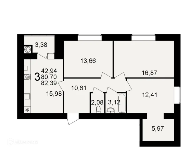 Планировка 3 комн. в ЖК Видный