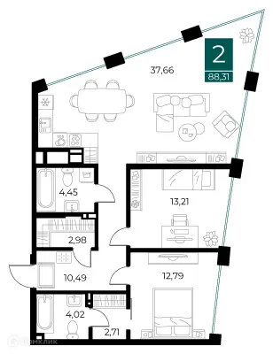 Планировка 2-комнатной квартиры 88.31 м² в ЖК Арт-кварталы, г. Рязань — фото 3