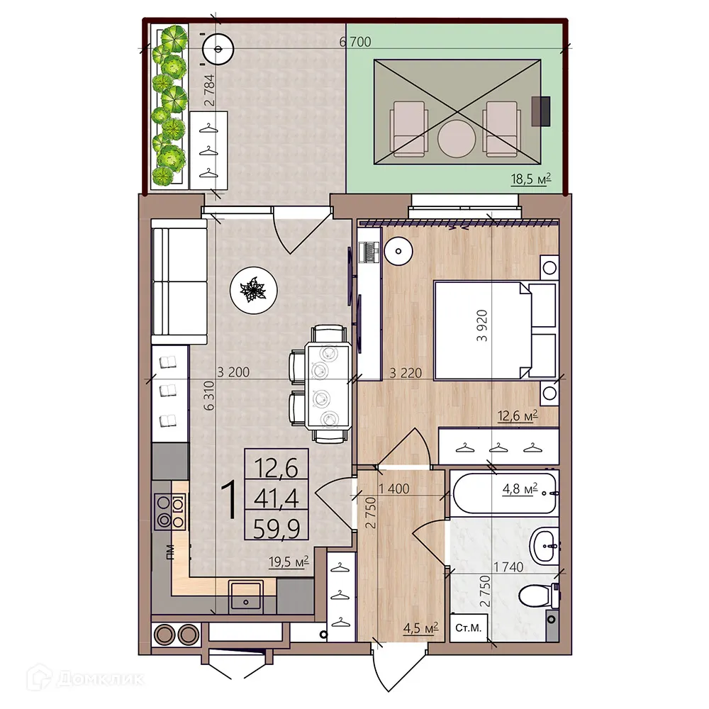Планировка 1-комнатной квартиры 59.9 м² в ЖК Окская стрелка, г. Рязань — фото 3