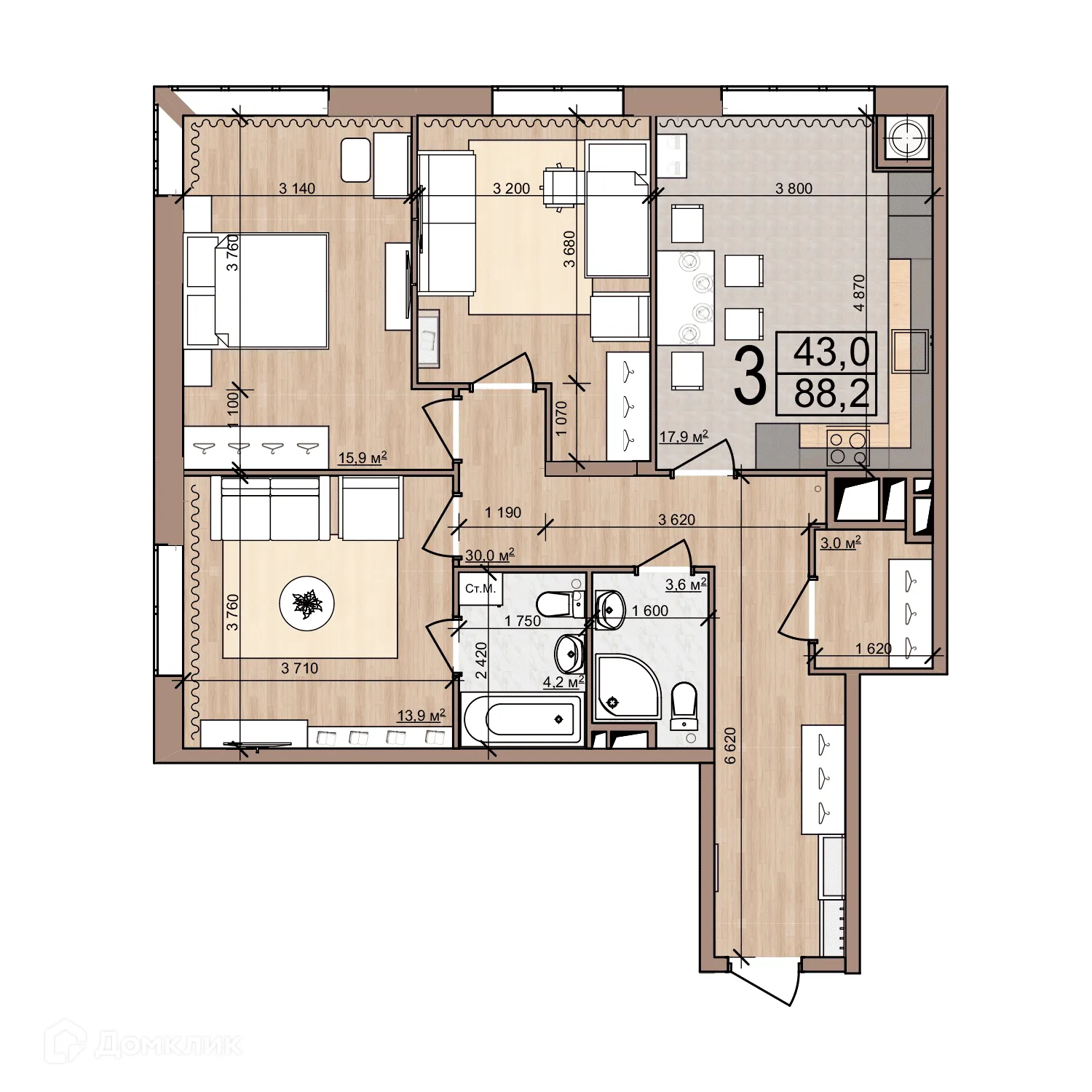 Планировка 3-комнатной квартиры 88.2 м² в ЖК Discovery (Дискавери), г. Рязань — фото 1
