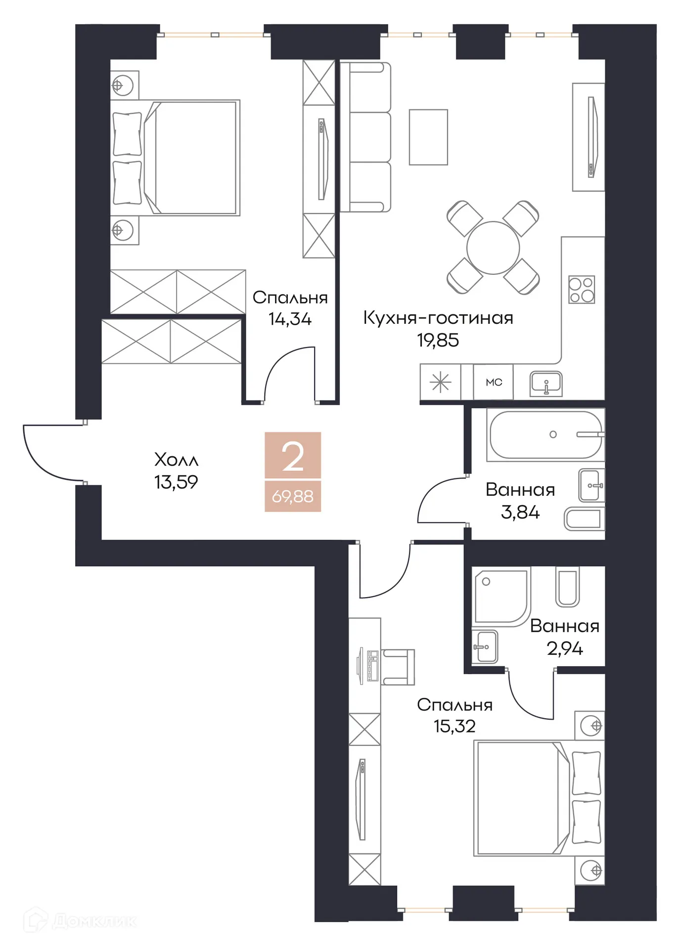 Планировка 2-комнатной квартиры 69.88 м² в ЖК Резиденция Поляна, г. Рязань — фото 9