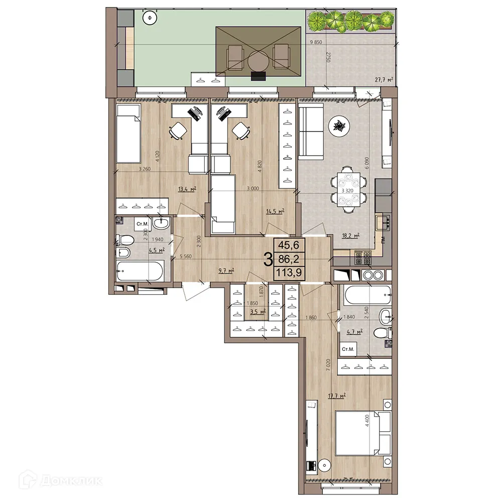 Планировка 3-комнатной квартиры 113.9 м² в ЖК Окская стрелка, г. Рязань — фото 43