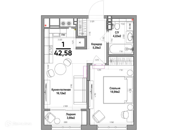 Планировка 1 комн. в ЖК Аструм