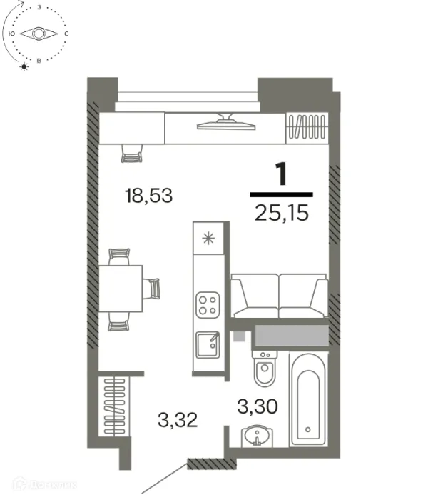 Планировка 1 комн. в ЖК "Северный"