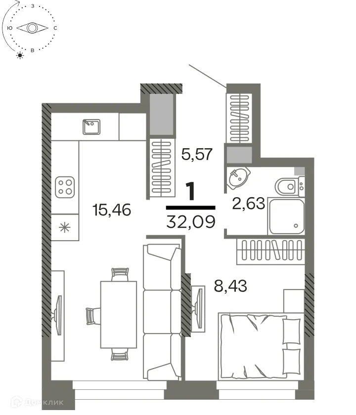 Планировка 1-комнатной квартиры 32.09 м² в ЖК "Северный", г. Рязань — фото 1