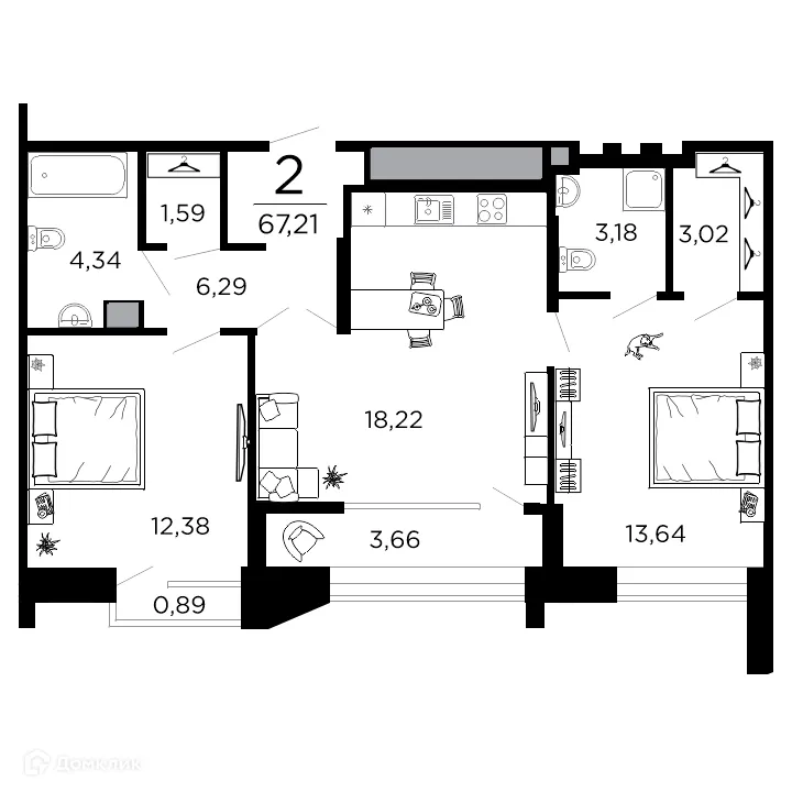 Планировка 2-комнатной квартиры 67.21 м² в ЖК ВЕГА, г. Рязань — фото 1