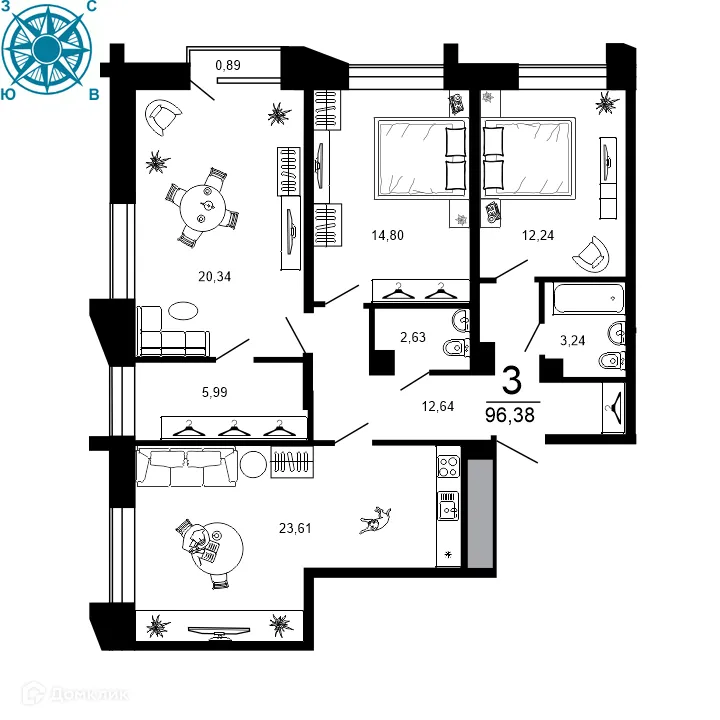 Планировка 3-комнатной квартиры 96.38 м² в ЖК ВЕГА, г. Рязань — фото 1