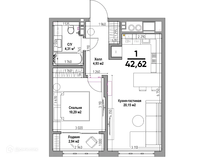Планировка 1-комнатной квартиры 42.62 м² в ЖК Аструм, г. Рязань — фото 1