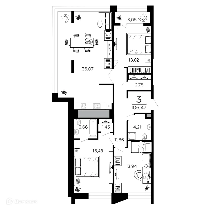 Планировка 3-комнатной квартиры 106.47 м² в ЖК ВЕГА, г. Рязань — фото 1