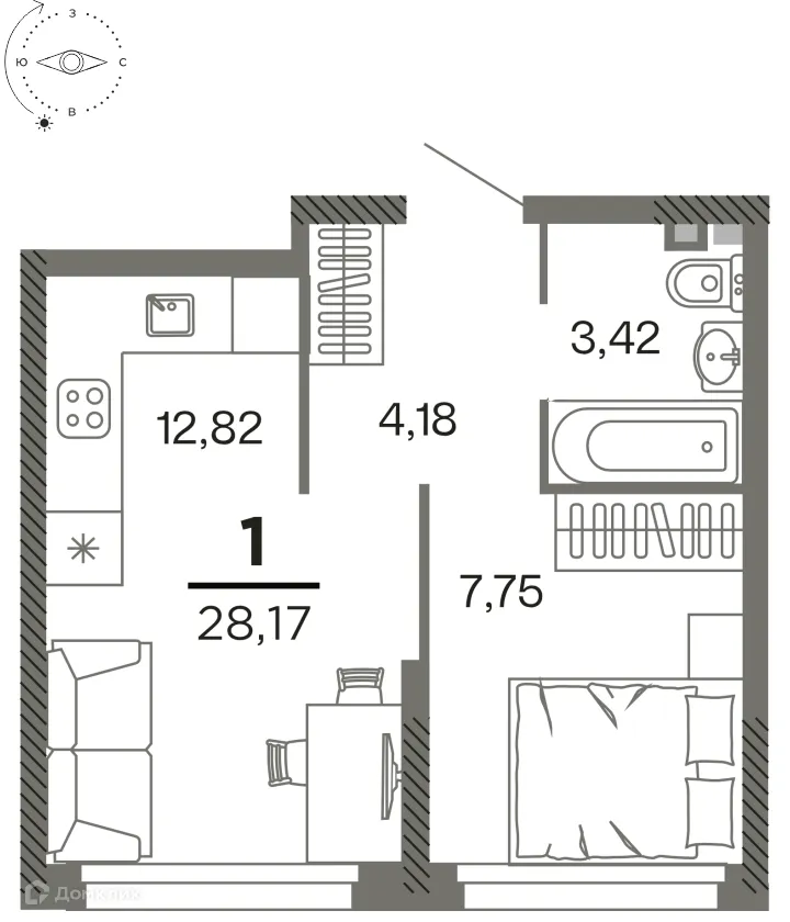 Планировка 1-комнатной квартиры 28.17 м² в ЖК "Северный", г. Рязань — фото 1