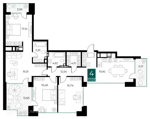 Планировка 4-комнатной квартиры 123.83 м² в ЖК Арт-кварталы, г. Рязань — фото 1