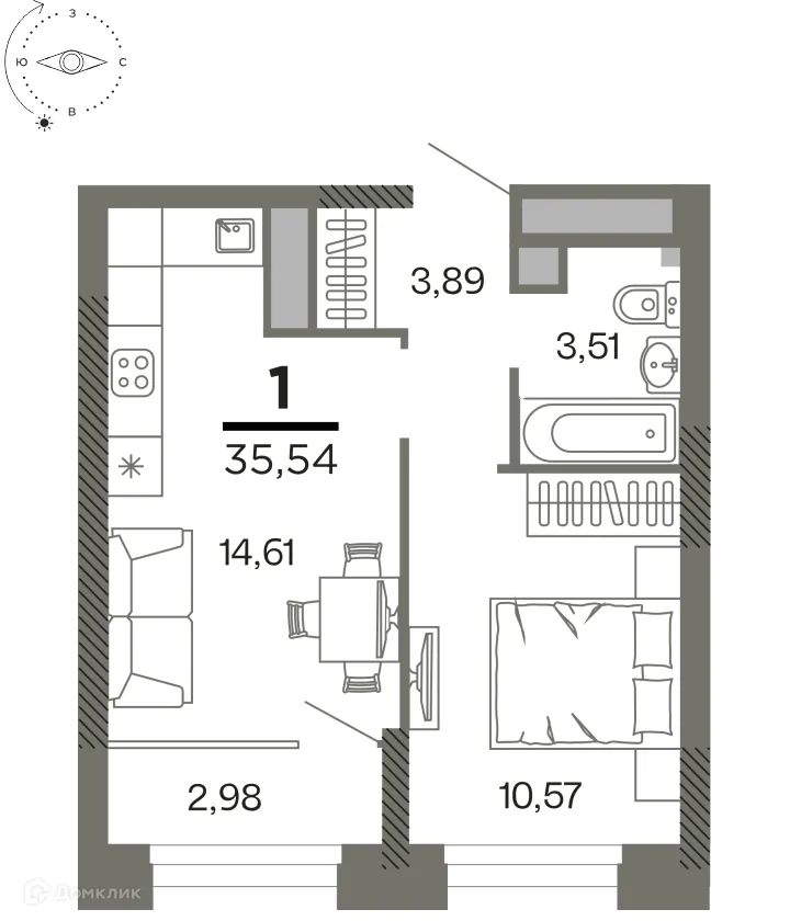 Планировка 1-комнатной квартиры 35.54 м² в ЖК "Северный", г. Рязань — фото 1