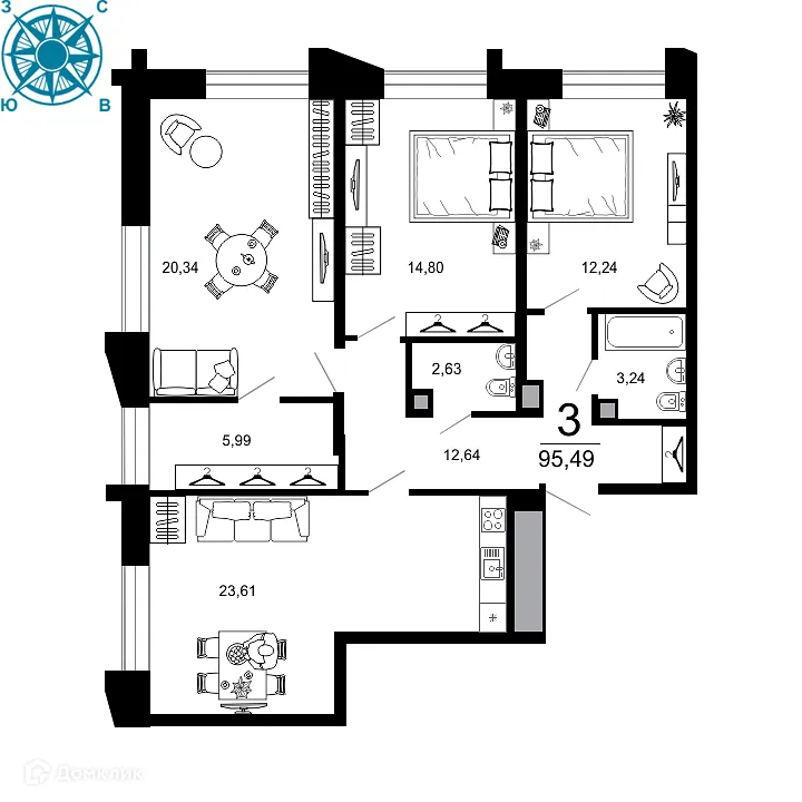 Планировка 3-комнатной квартиры 95.49 м² в ЖК ВЕГА, г. Рязань — фото 1