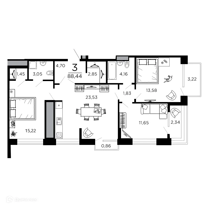 Планировка 3-комнатной квартиры 88.44 м² в ЖК ВЕГА, г. Рязань — фото 1