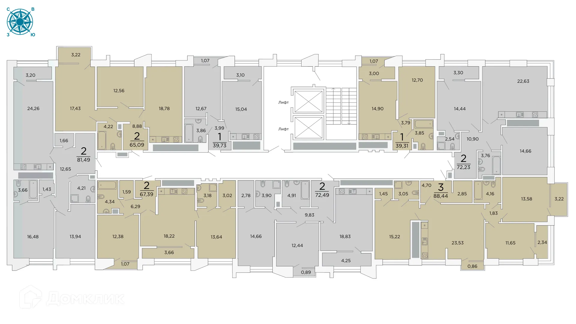 Планировка 3-комнатной квартиры 88.44 м² в ЖК ВЕГА, г. Рязань — фото 3