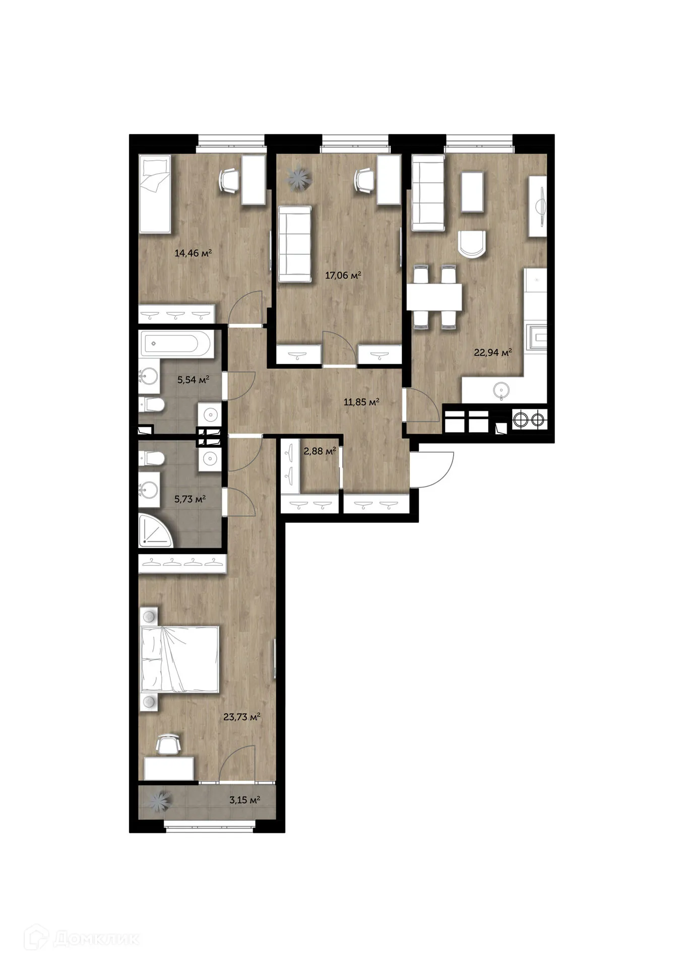 Планировка 3-комнатной квартиры 103.9 м² в ЖК "Голландия", г. Рязань — фото 1