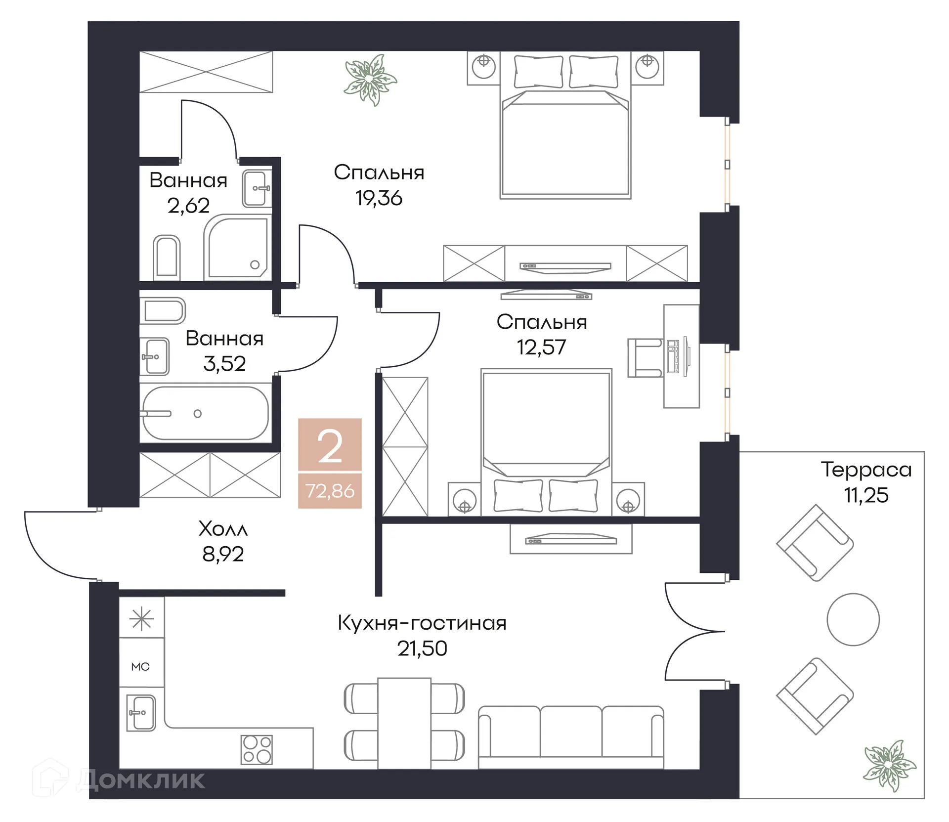 Планировка 2-комнатной квартиры 71.87 м² в ЖК Резиденция Поляна, г. Рязань — фото 3