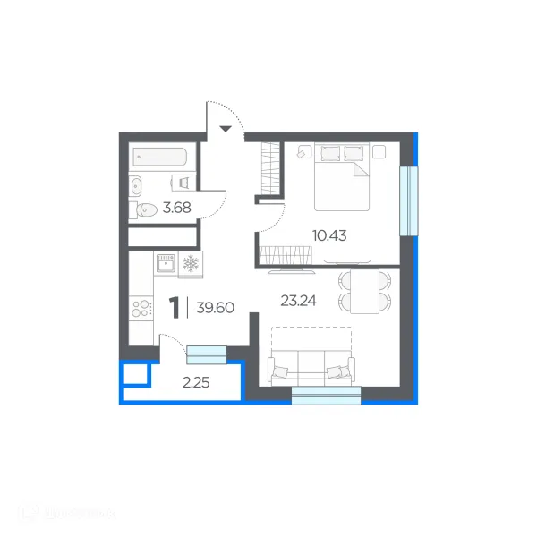 Планировка 1 комн. в ЖК Новые горизонты