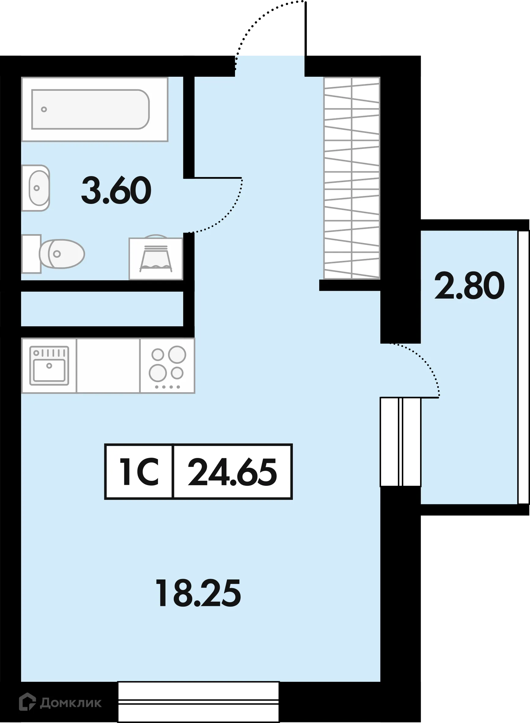 Планировка студии квартиры 24.65 м² в ЖК Шереметьевский квартал, г. Дядьково — фото 1