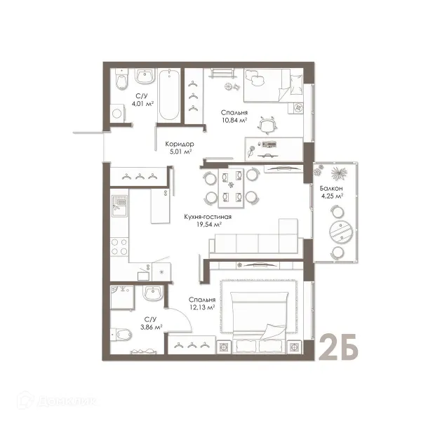 Планировка 2 комн. в ЖК Правый берег