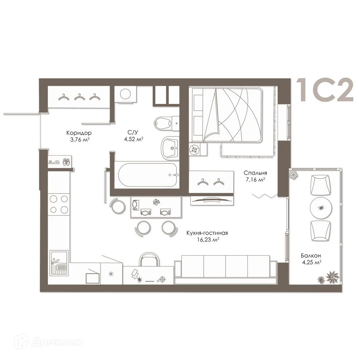 Планировка студии квартиры 32.95 м² в ЖК Правый берег, г. Дядьково — фото 1