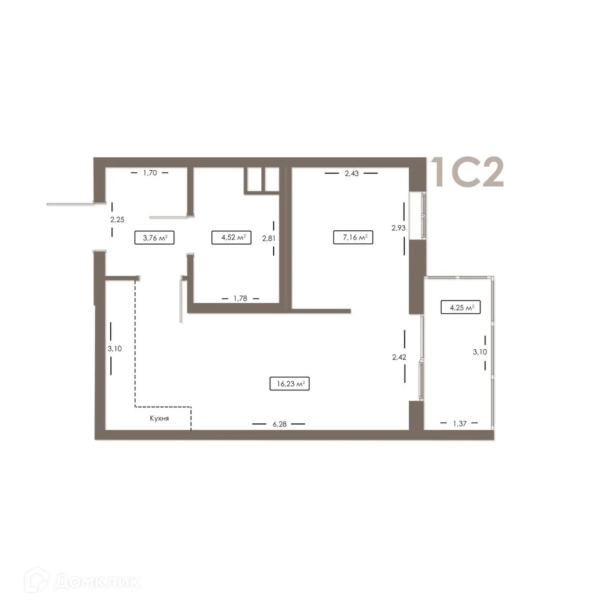 Планировка студии квартиры 32.95 м² в ЖК Правый берег, г. Дядьково — фото 6