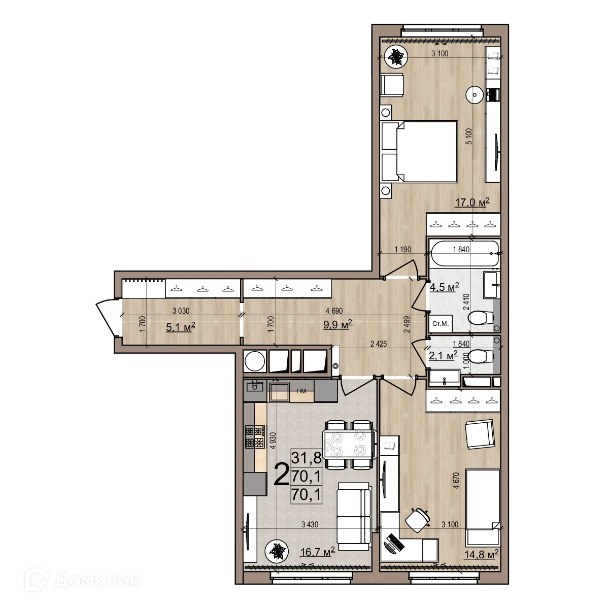 Планировка 2-комнатной квартиры 72.4 м² в ЖК Еврокласс-5, г. Рязань — фото 1