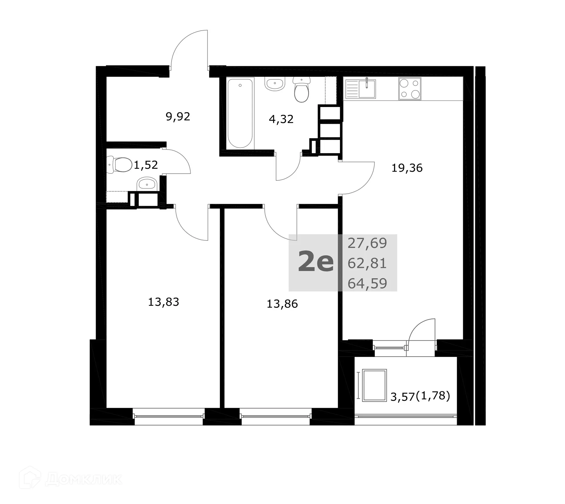 Планировка 2-комнатной квартиры 64.59 м² в ЖК Комфорт, г. Самара — фото 4