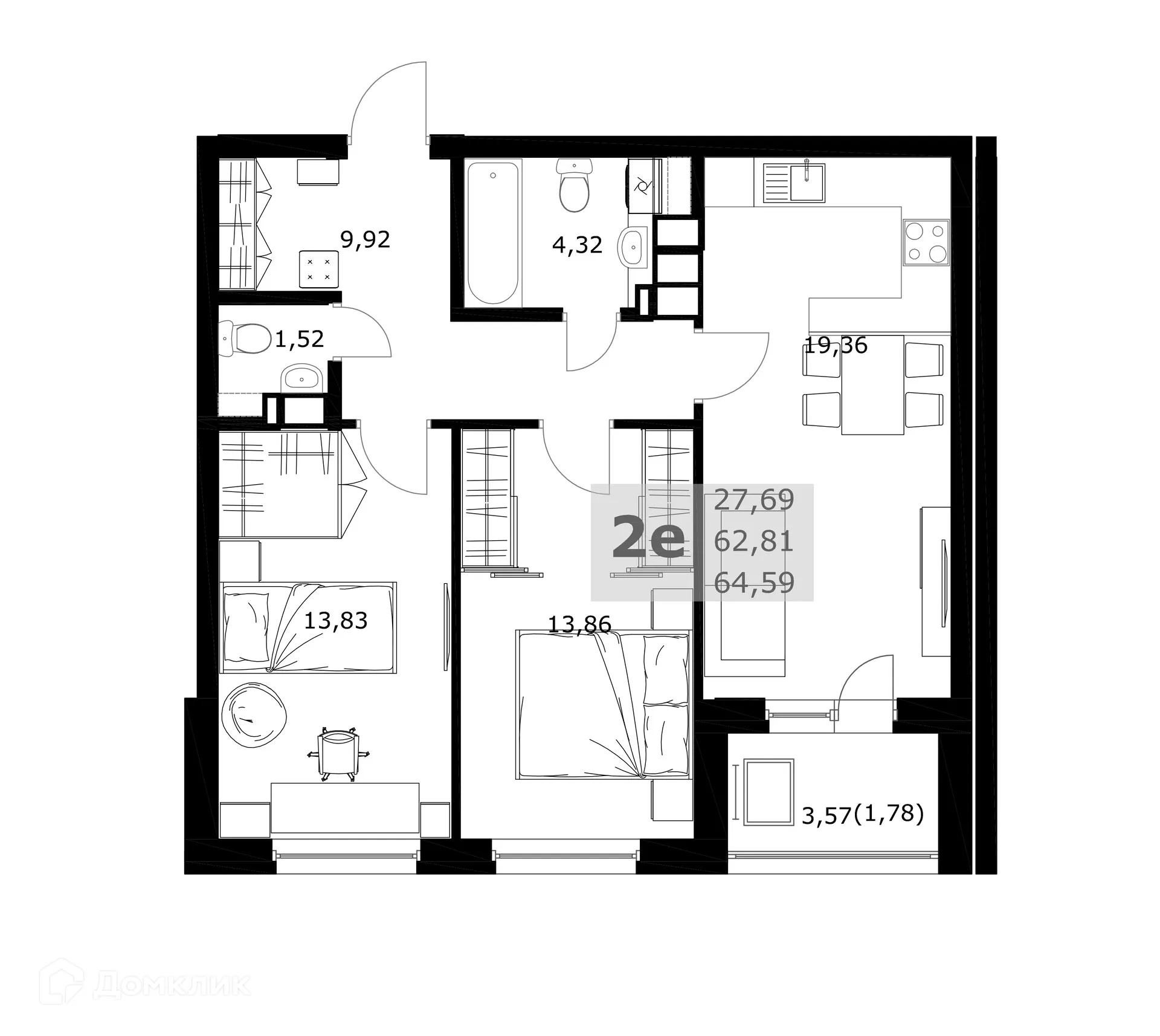 Планировка 2-комнатной квартиры 64.59 м² в ЖК Комфорт, г. Самара — фото 5