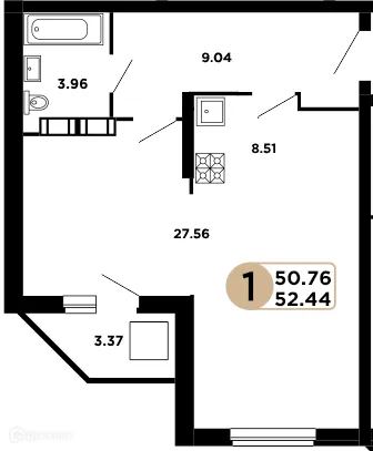 Планировка 1-комнатной квартиры 51.9 м² в ЖК Московский, г. Самара — фото 1