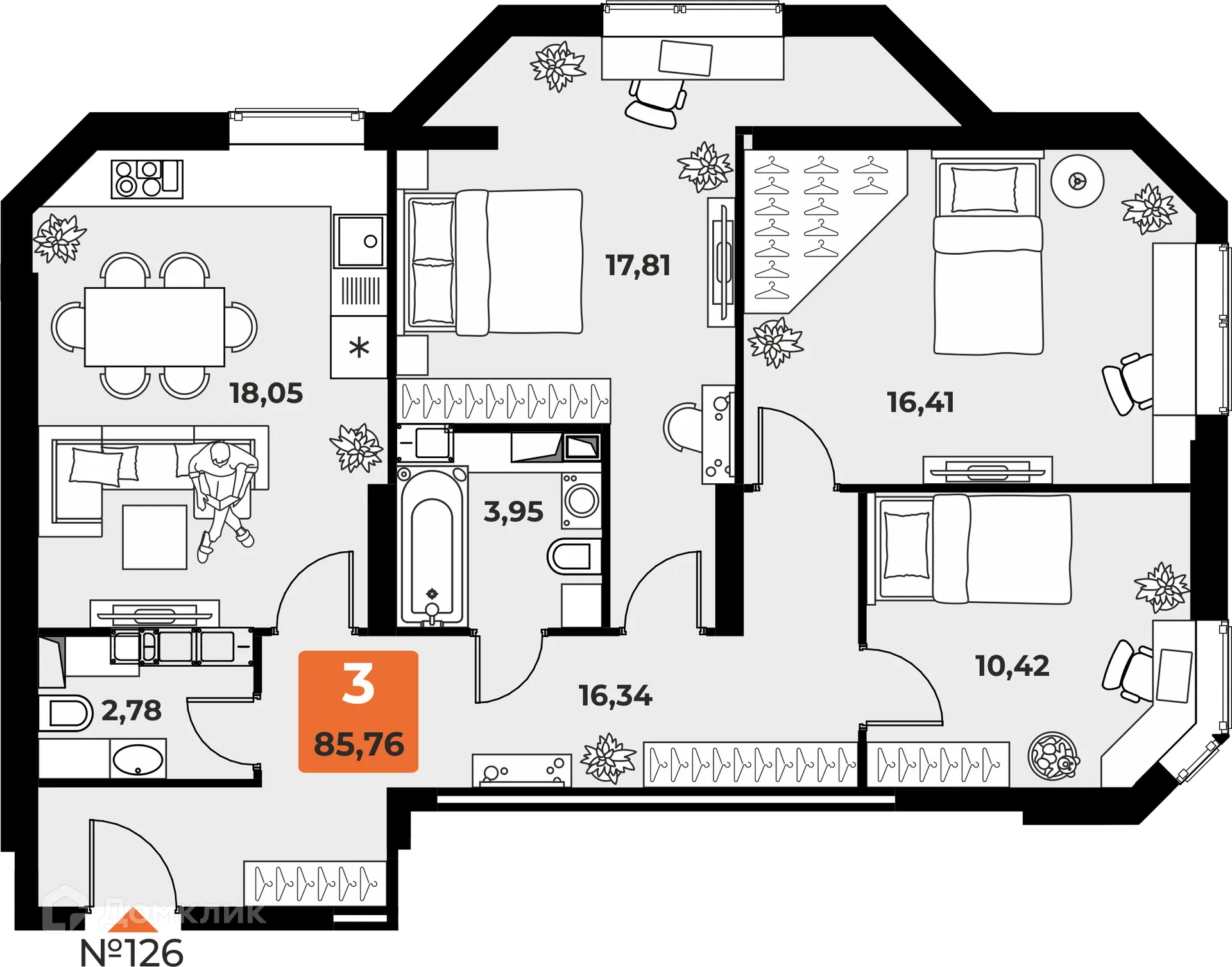 Планировка 3-комнатной квартиры 84.1 м² в ЖК "Капитал", г. Самара — фото 1