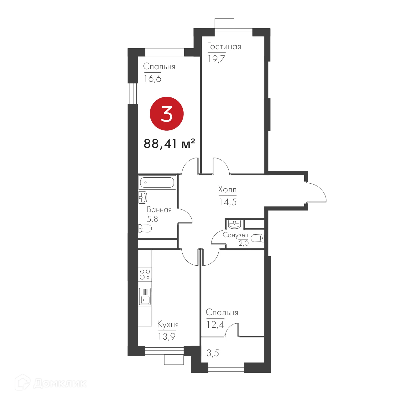 Планировка 3-комнатной квартиры 88.41 м² в ЖК Панова Парк, г. Самара — фото 2