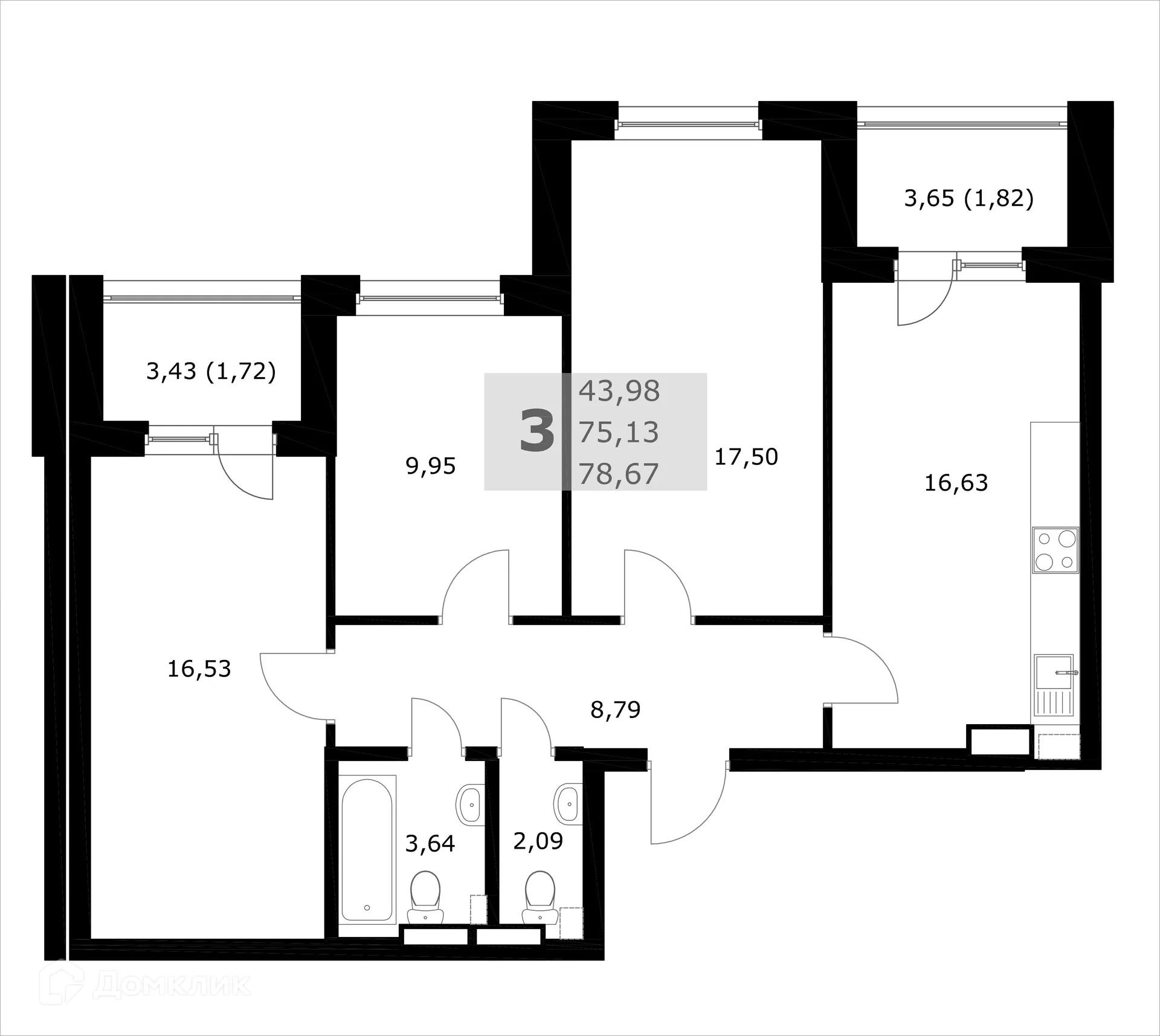 Планировка 3-комнатной квартиры 78.67 м² в ЖК Комфорт, г. Самара — фото 1