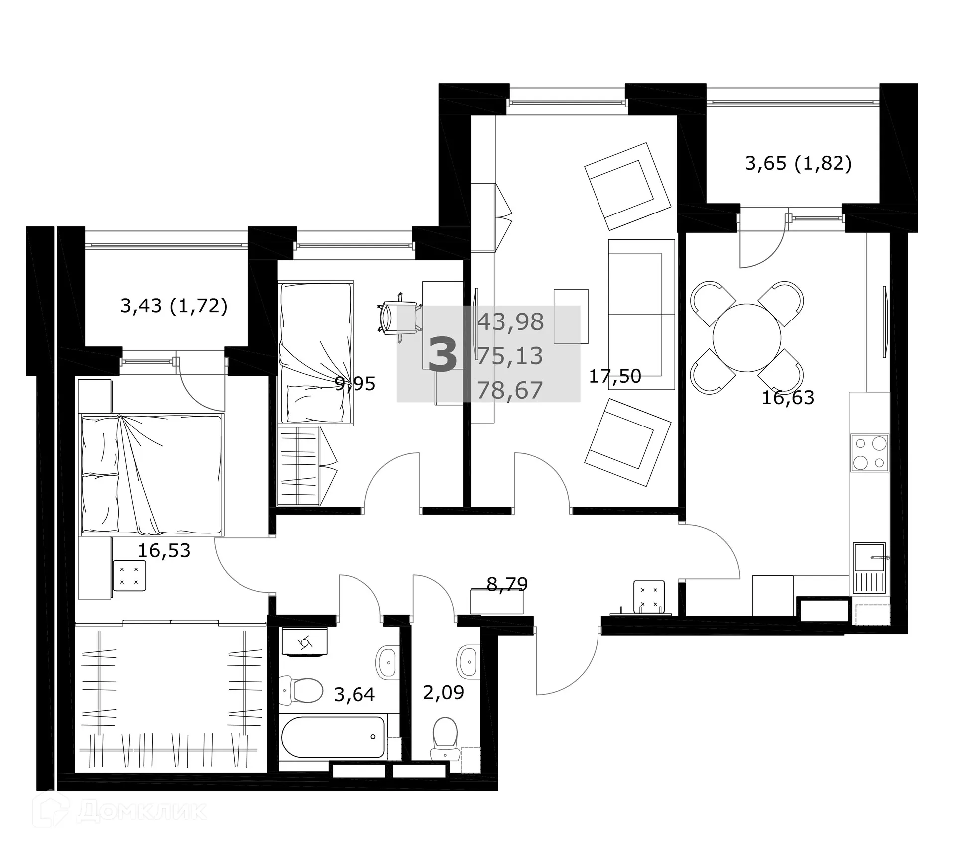 Планировка 3-комнатной квартиры 78.67 м² в ЖК Комфорт, г. Самара — фото 2