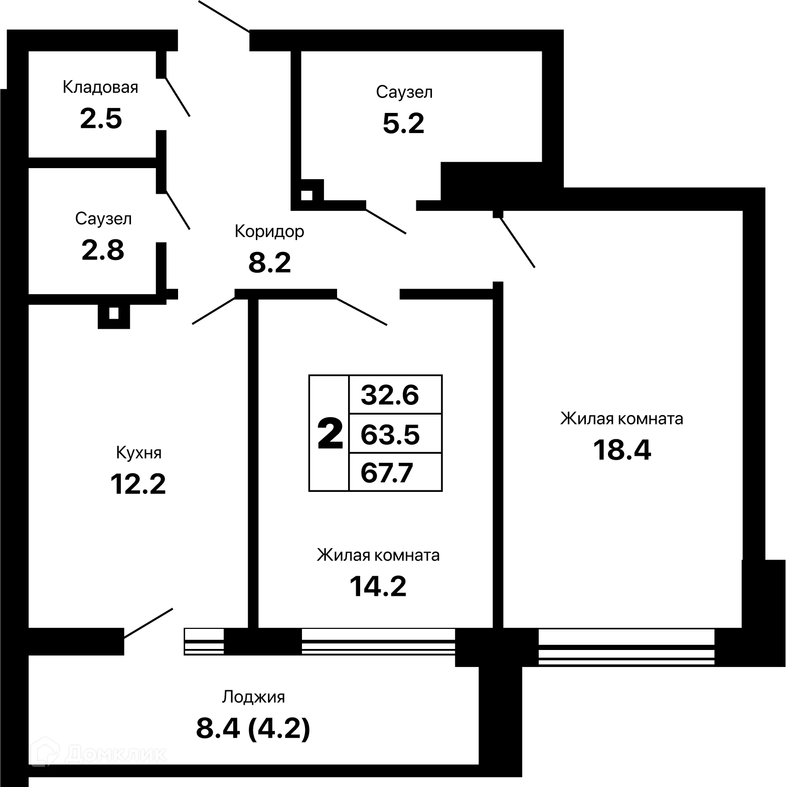 Планировка 2-комнатной квартиры 67.7 м² в ЖК Горизонт-2, г. Самара — фото 1