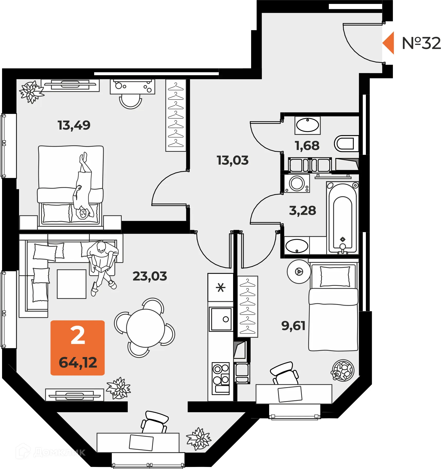 Планировка 2-комнатной квартиры 63.4 м² в ЖК "Капитал", г. Самара — фото 1