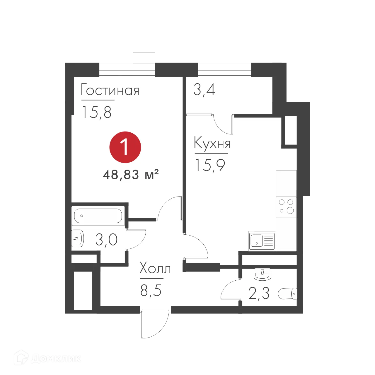 Планировка 1-комнатной квартиры 48.83 м² в ЖК Панова Парк, г. Самара — фото 2