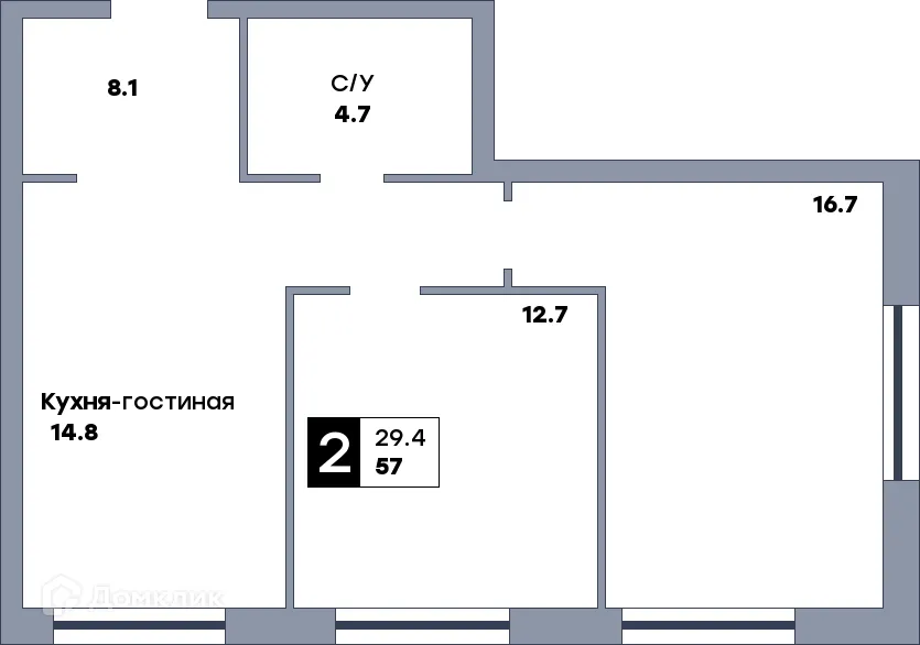 Планировка 2-комнатной квартиры 57 м² в ЖК Аура, г. Самара — фото 1